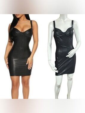 Naked Wardrobe Drip Black Sexy Dressy Faux Leather Bustier Mini Dress Size Large